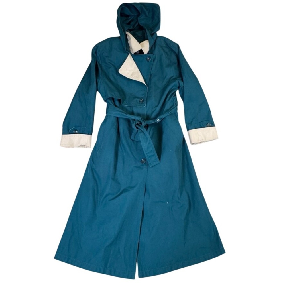 London Towne Teal Green Trench Coat with Removable Hood and Plaid Liner Size 6P